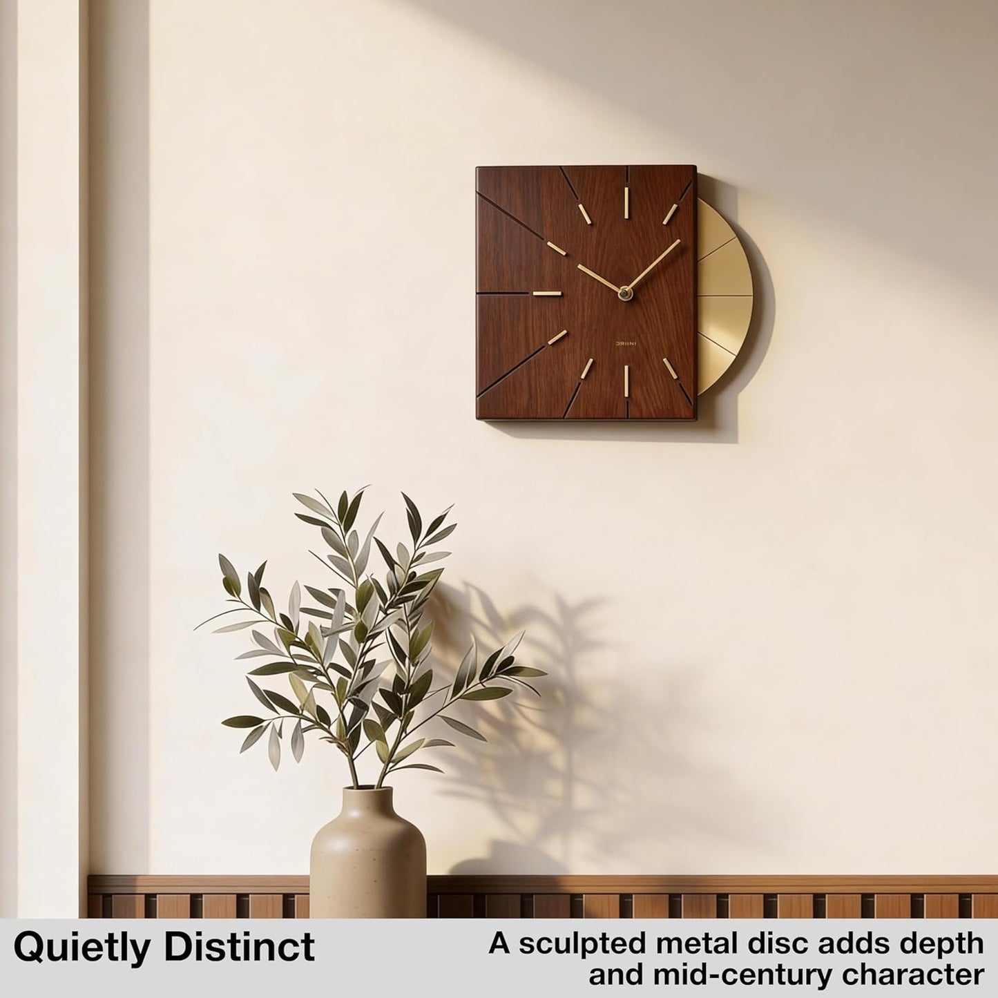 Driini Clocks Mid Century Modern Wall Clock - Square Green Clock with Decorative Gold Accent- Unique and Cool Clock, Battery Operated - MCM Decor & Decorative Wall Clock for Mid Century Modern Decor.