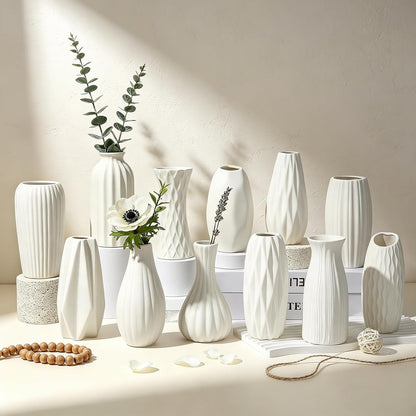 BEAHOT Ceramic Bud Vases Set of 12 - Matte Mini White Jars Bulk | Small White Ceramic Vases for Centerpieces, Wedding Floral Arrangements, DIY Crafts & Boho Table Decor (No Repeating Designs)