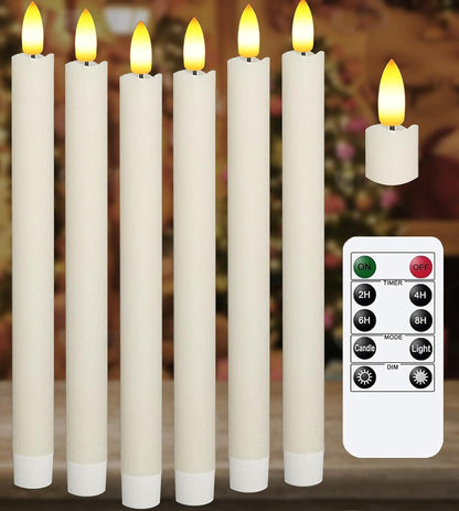 KSWING Upgraded Real Wax Short LED Flameless Taper Candles with Remote, 6 PCS White Candlesticks Battery Operated 3D Flickering - 6" Realistic Fake Candle Sticks for Home/Wedding/Fireplace Xmas Decor