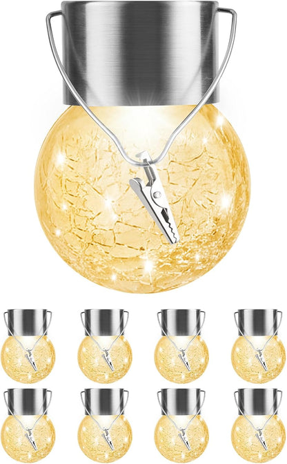 Solar Outdoor Lights Decorative 12 Pack, Hanging Solar Garden Lights Waterproof, Solar Powered Globe Cracked Glass Ball Lantern for Yard Patio Fence Tree Umbrella Holiday Decoration, Warm White