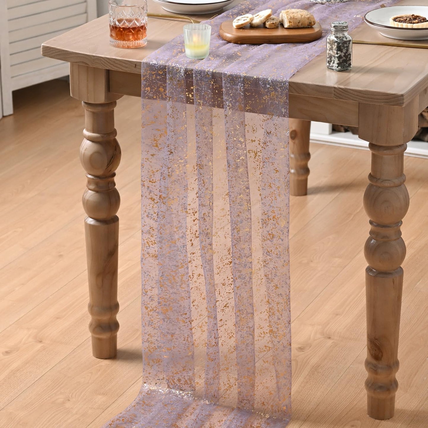 Artoid Mode Beige Gold Gauze Table Runner 120 Inch 10FT, Glitter Metallic Foil Sheer Dining Wedding Anniversary Holiday Birthday Table Decor for Home Party