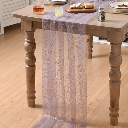 Artoid Mode Beige Gold Gauze Table Runner 120 Inch 10FT, Glitter Metallic Foil Sheer Dining Wedding Anniversary Holiday Birthday Table Decor for Home Party