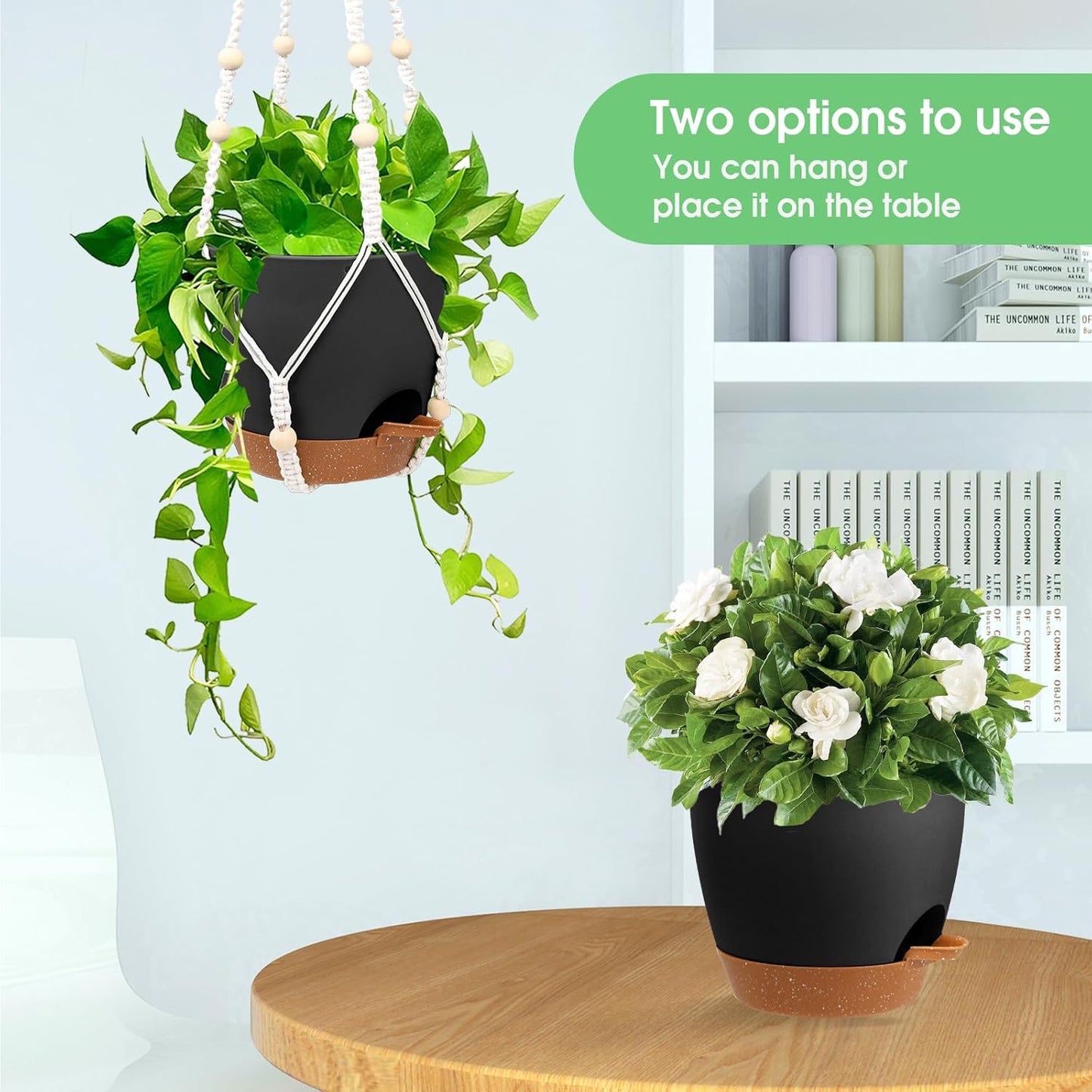 Vanslogreen Hanging Planters for Indoor Outdoor Plants, 2 Pack Self Watering Hanging Pot with Drainage Holes & Removable Tray (Black, 8'')