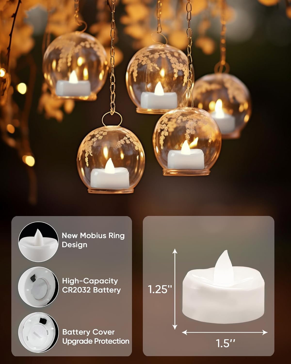 merrynights LED Candles, Tea Lights Candles Battery Operated Bulk, 50-Pack Long-Lasting 200 Hours Flameless Tealight Candles, Realistic Tea Lights for Christmas Halloween Wedding, 1.5'' D X 1.25'' H