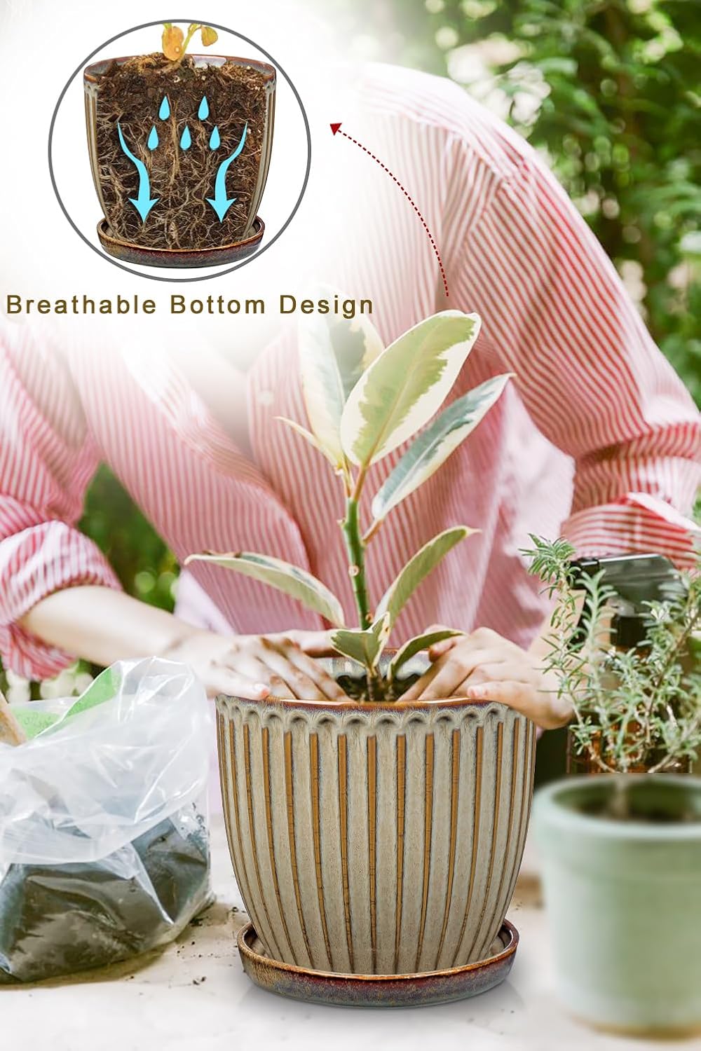 Oairse Ceramic Pots for Indoor Plants, 4.9 +5.7 inch Set of 2 Brown Plant Pots with Drainage Holes and Saucers Texture Ceramic Planters Indoor Outdoor Flower Planters for Succulent