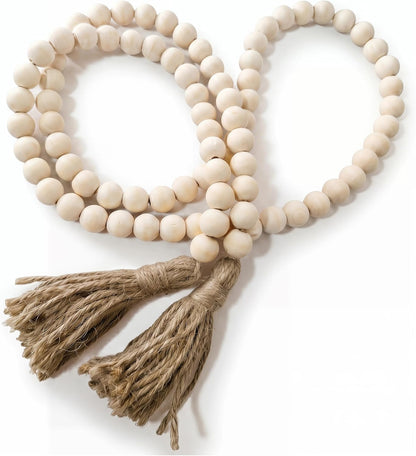 Farmhouse Beads 58in Wood Bead Boho Tassel Garland - Rustic Country Boho Chic Decor for Wall, Above Cabinet & Table