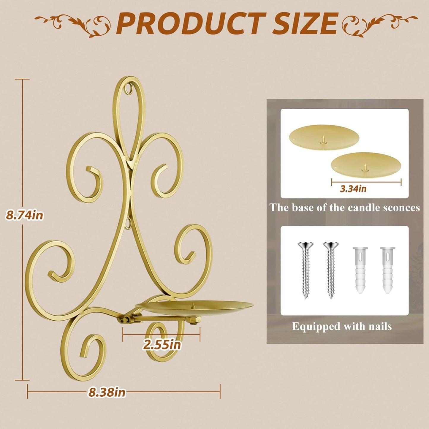 Wall Candle Sconces Set of 2, Double Scroll Pattern Candle Sconces, Metal Wall Candle Holder for Home Decor, Living Room, Dining Room, Bedroom, Black, Gifts for Men Women Mom or Dad