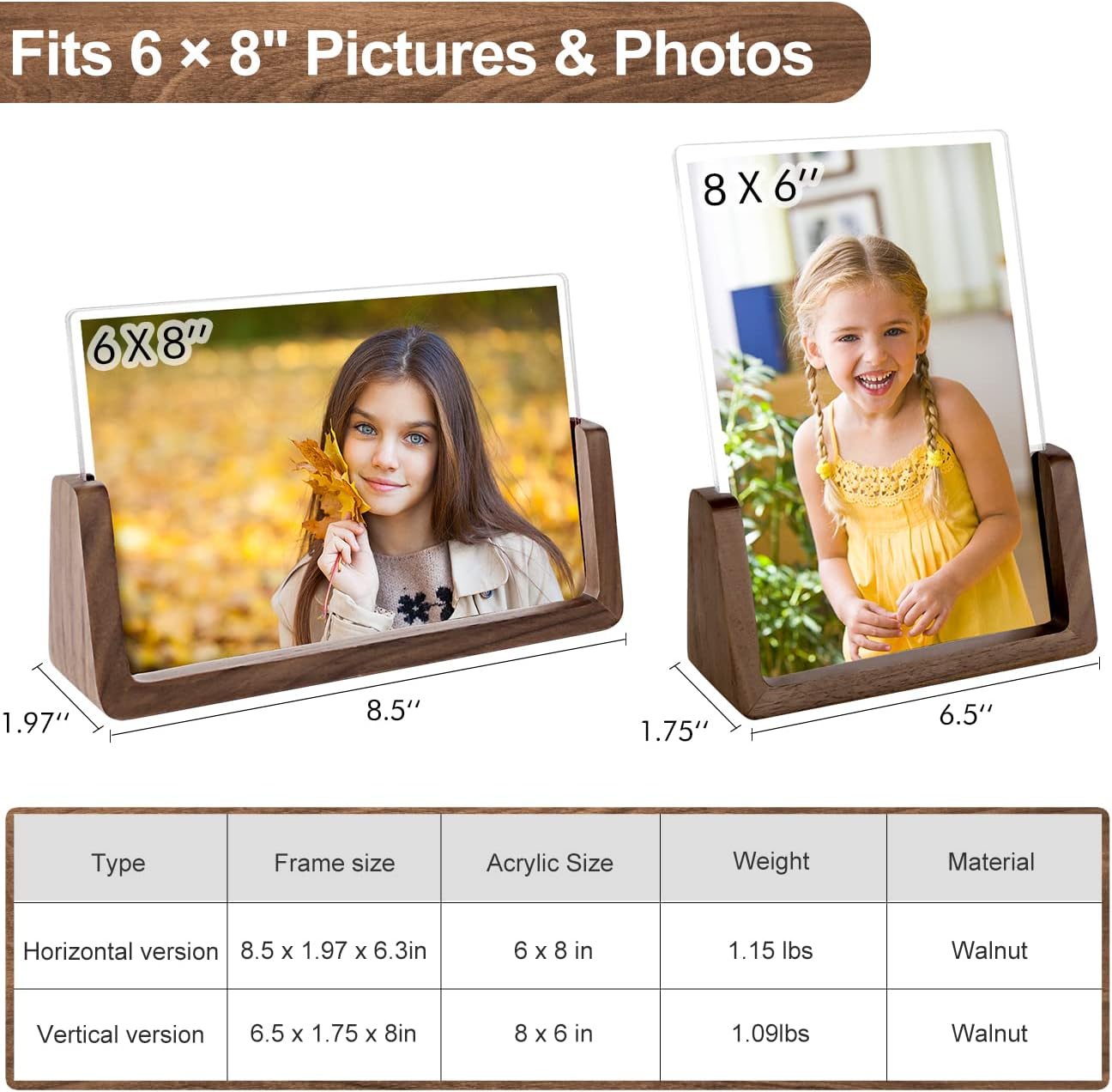 Mixoo 4x6 Picture Frame 2 Pack - Rustic Wooden Picture Frames with Walnut Wood Base and High Definition Break Free Acrylic Photo Covers for Desk Tabletop Display Graduation Gifts Teacher Appreciation Gifts (Horizontal + Vertical)