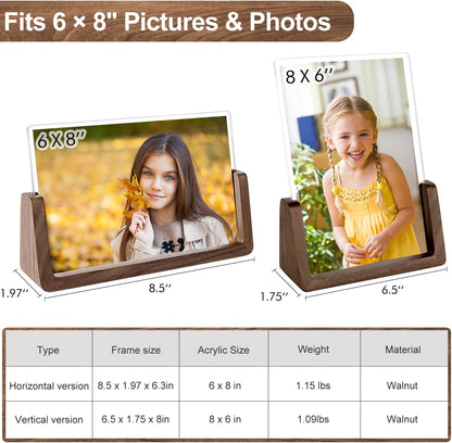Mixoo 4x6 Picture Frame 2 Pack - Rustic Wooden Picture Frames with Walnut Wood Base and High Definition Break Free Acrylic Photo Covers for Desk Tabletop Display Graduation Gifts Teacher Appreciation Gifts (Horizontal + Vertical)