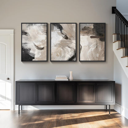 Large Framed Neutral Abstract Wall Art for Living Room, 3 Piece Modern Canvas Prints Paintings Artwork for Walls, Black and Beige Pictures for Living Room Hallway Stair Office Wall Decor 24x36 Inch