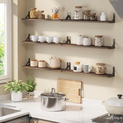 YGEOMER Brown Floating Shelves for Wall, 16.5 Inch Farmhouse Wall Shelves for Bedroom, Bathroom Storage, Living Room and Kitchen Decor (Set of 6 Brown)