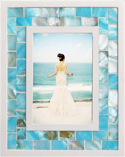 Silver Plate Picture Frame 5x7 Mother of Pearl 5 by 7 Photo Frame Mosaic Glass Tabletop Frame (Grey+ White,1pc)