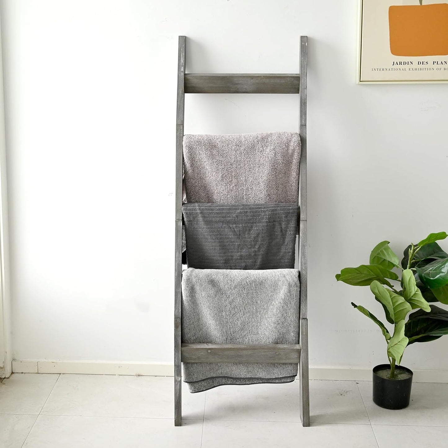 FUIN 5ft (58") Wood Blanket Ladder Living Room Decorative Wall Leaning Farmhouse Quilt Display Holder Storage Rustic Wooden Towel Rack for Bathroom, Brown