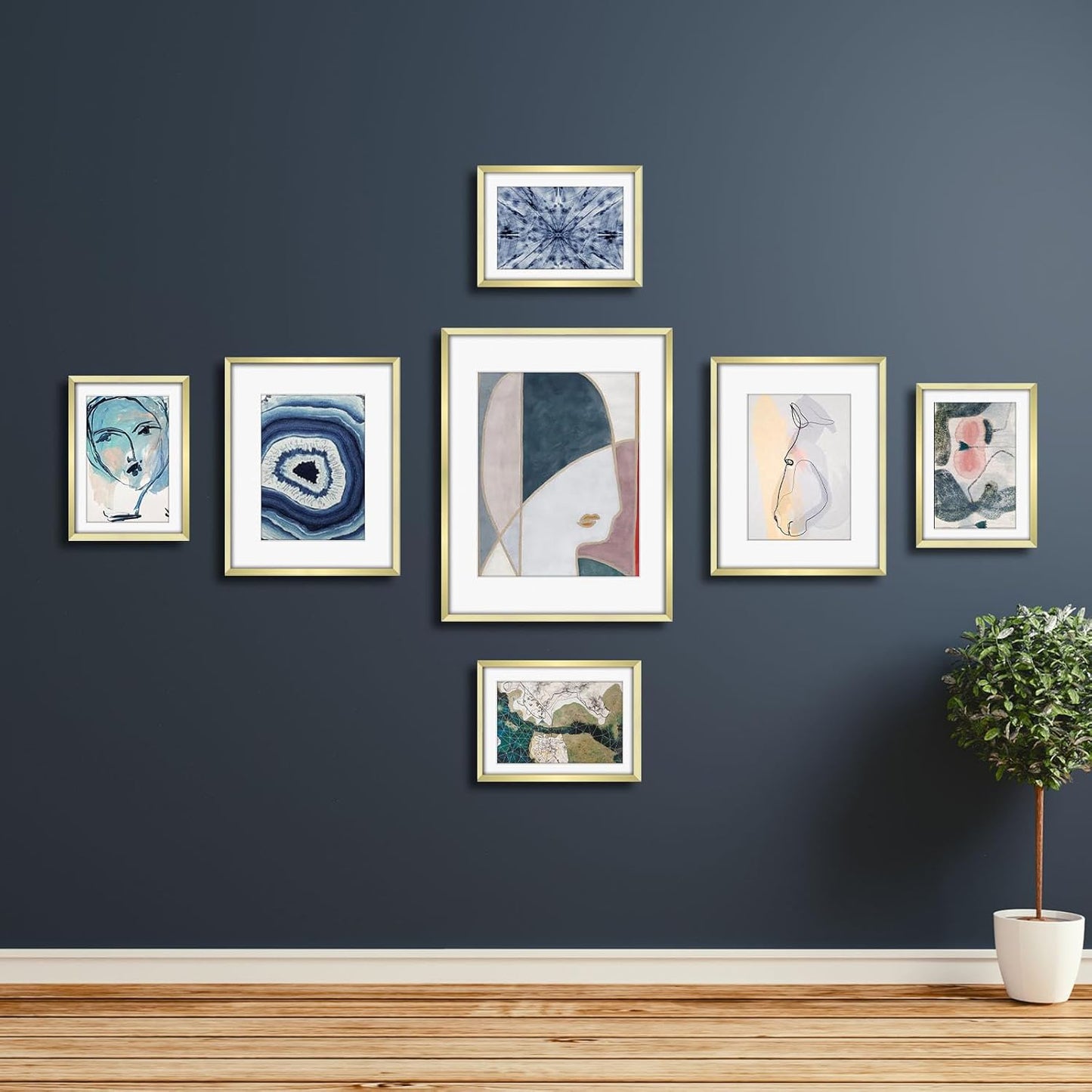 Frametory, Black Aluminum Picture Frame with Removable Mat - Set of 7 Includes Four 5x7, Two 8x10, One 11x14 - Real Glass Front - Simple Gallery Wall Frames for Art Prints and Posters