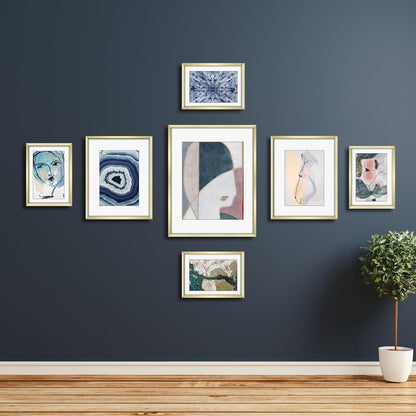 Frametory, Black Aluminum Picture Frame with Removable Mat - Set of 7 Includes Four 5x7, Two 8x10, One 11x14 - Real Glass Front - Simple Gallery Wall Frames for Art Prints and Posters