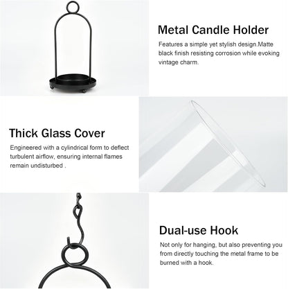 Glass Hurricane Candle Holder Decorative Gold Candle Lantern, Pillar Candlestick Holders Set of 2, Hanging Metal Holder Modern Table Centerpieces, Antique Brass
