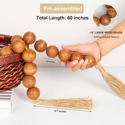 OMISHE Extra Large Wood Bead Garland with 1.6" Diameter Wooden Beads and Tassels, 41" Long Rustic Farmhouse Country Decorative Beads for Home Tiered Tray Decor, Natural Beige