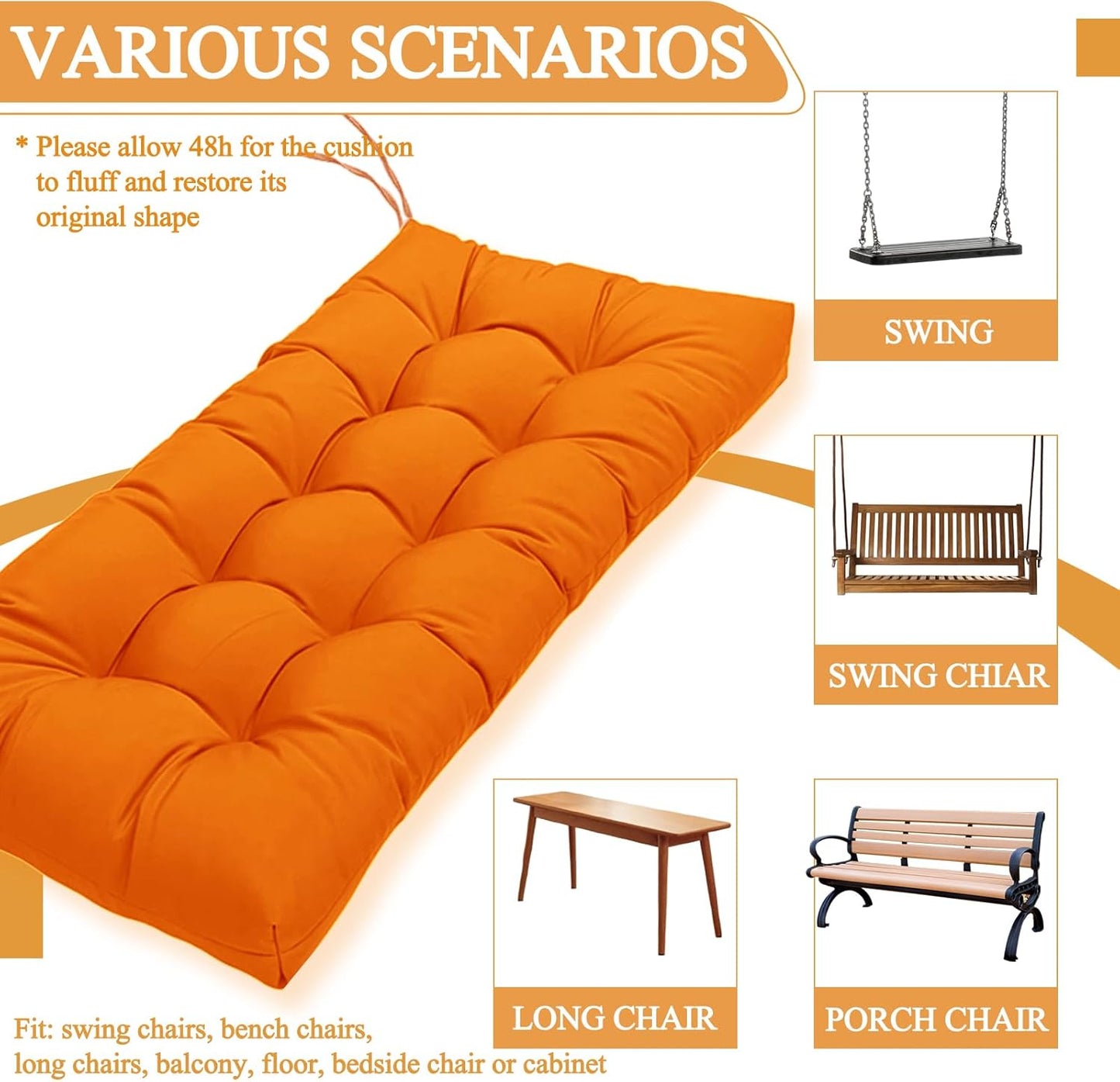MTMR Outdoor Bench Cushion-44X19 Water-Repellent Tufted Porch Swing Cushions with High Elasticity PP Cotton and Ties Fade-Resistant Patio Outdoor Chair Cushion for Bench Furniture, Indoor Seat Cushion