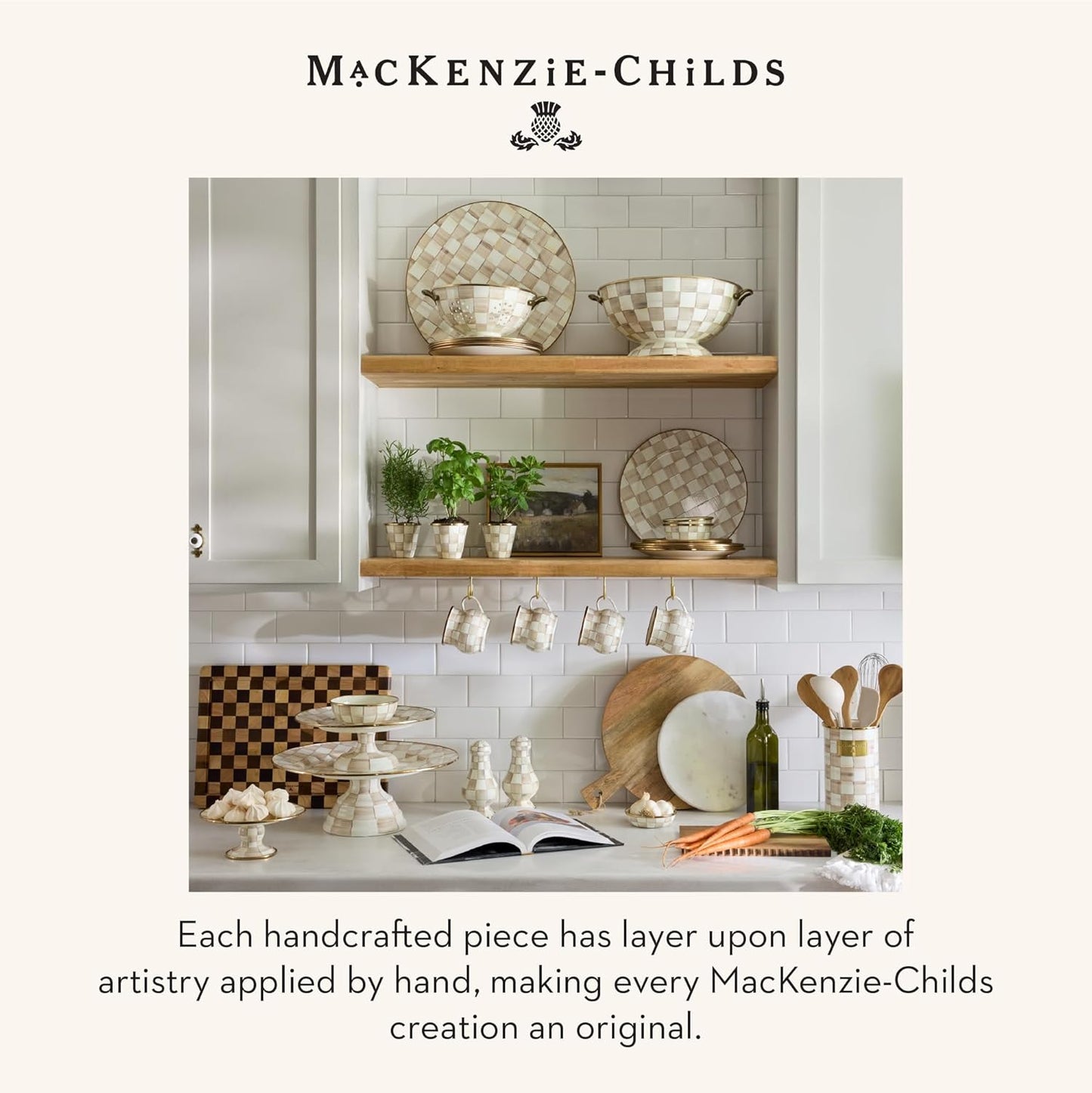 MACKENZIE-CHILDS Enamel Pedestal Serving Platter, Decorative Serving Dish for Food, Small, Black-and-White Courtly Check