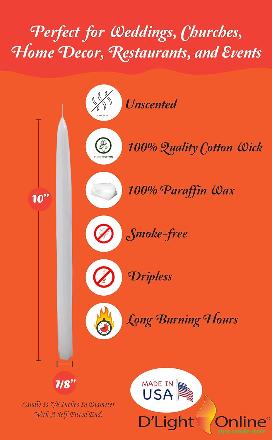 D'light Online White Taper Candles, 10 Inch Premium Quality Candles Hand-Dipped Tapered Candles, Dripless, Smokeless and Unwrapped Bulk Pack for Events - Set of 12 (10 Inch, White)