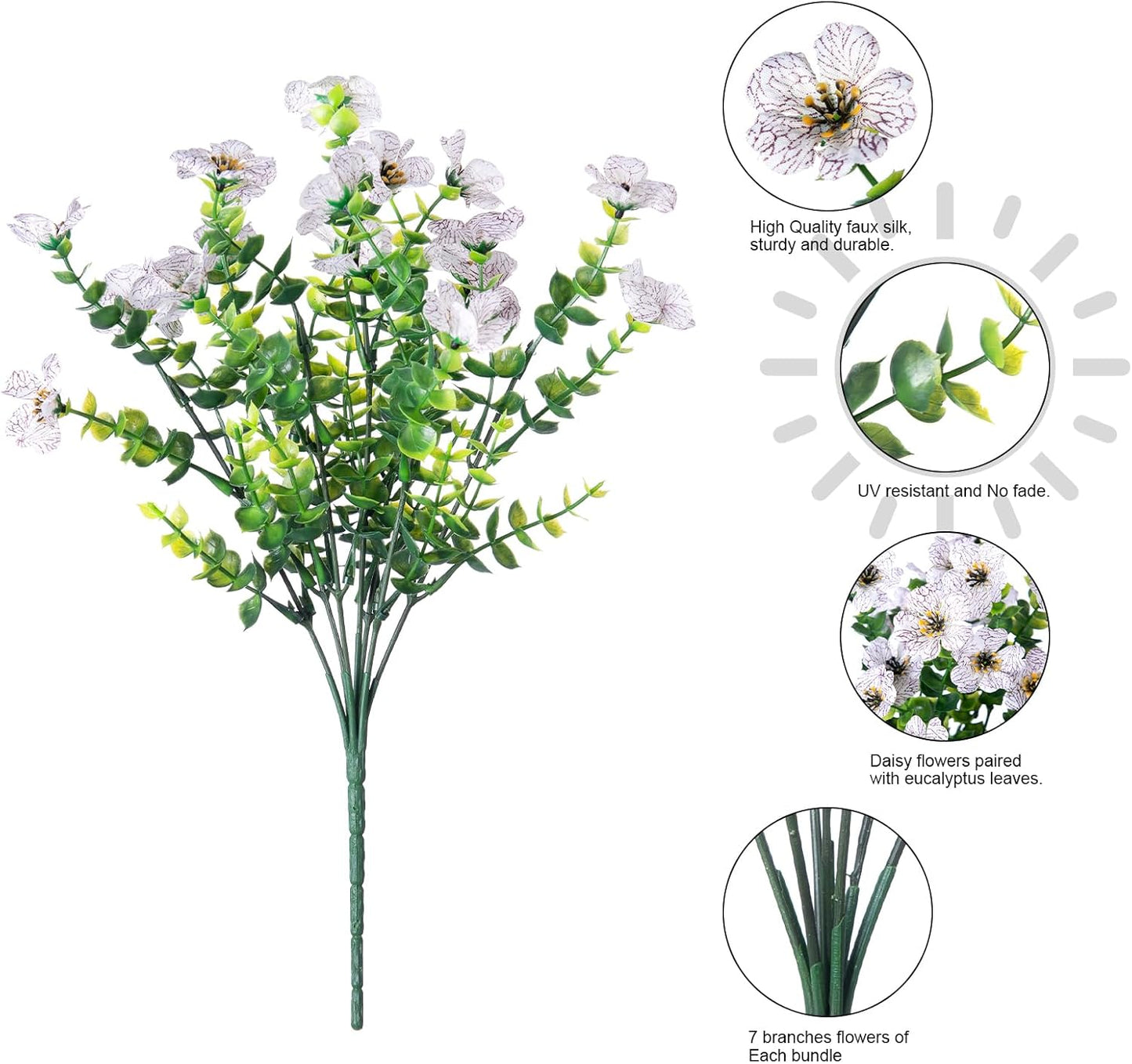 HyeFlora Artificial Flowers for Outdoor Indoor Garden Home Decoration, Faux Flower Daisy with Eucalyptus Leaves Fake Plants Greenery Boxwood Porch Patio, 12 Bundles (Mix Pink Red Purple Yellow)