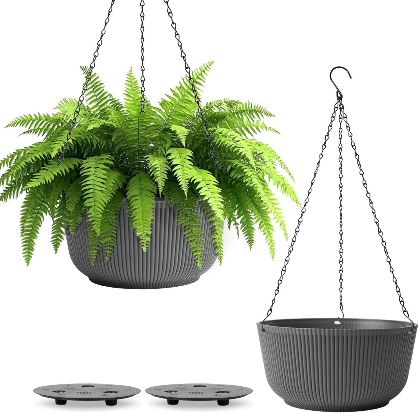 T4U 10 Inch Hanging Planters for Indoor Plants, 2 Pack White Self Watering Hanging Plant Pot, Hanging Pots Set with Drainage Hole & Plug & Chain with 3 Hooks for Garden Home Decor