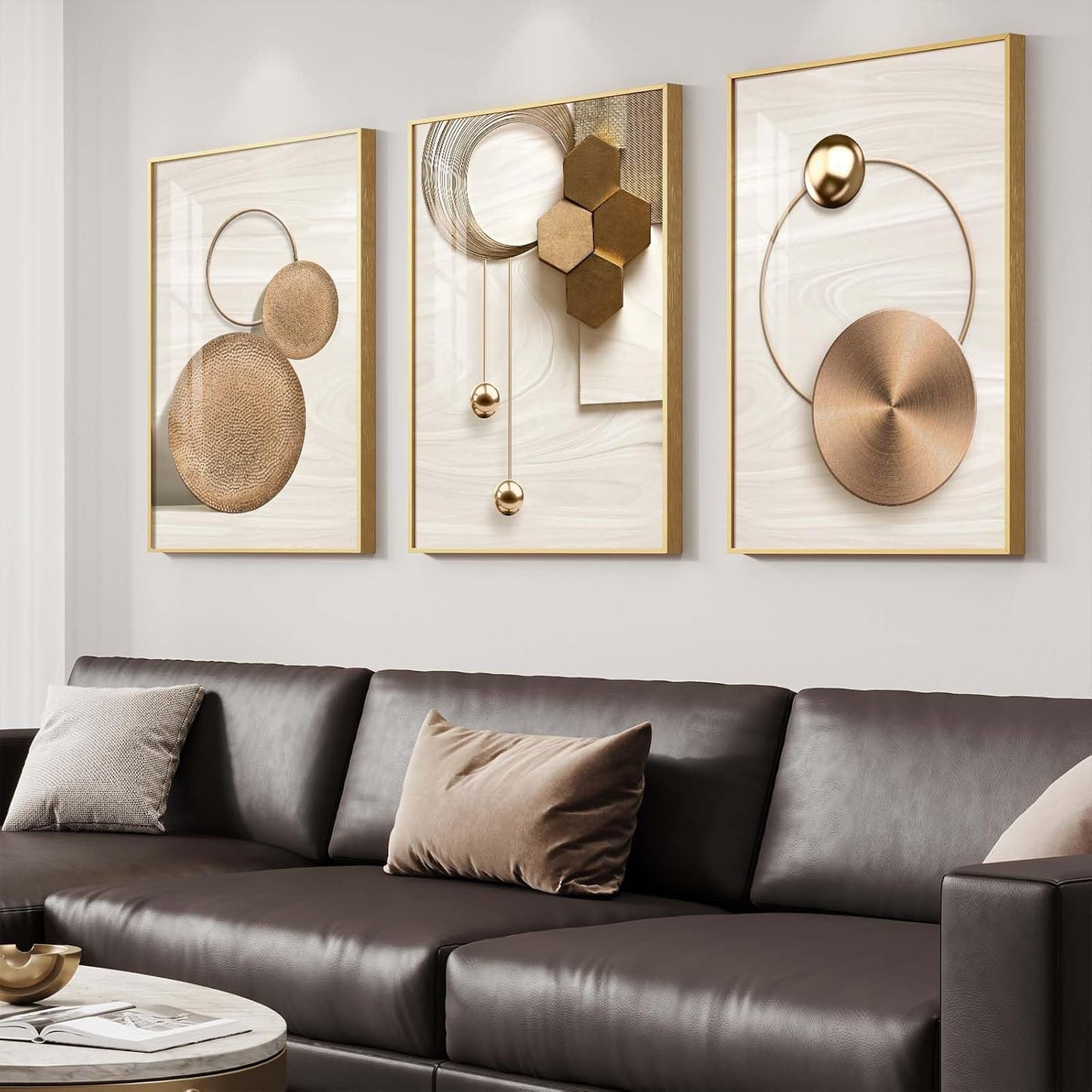 Framed Modern Luxury Gold Wall Art, Set of 3 Piece Contemporary Paintings Artwork for Walls, Golden Prints Pictures with Gold Frame, Wall Decor for Living Room, Hallway, Bedroom, Office 16x24 Inch