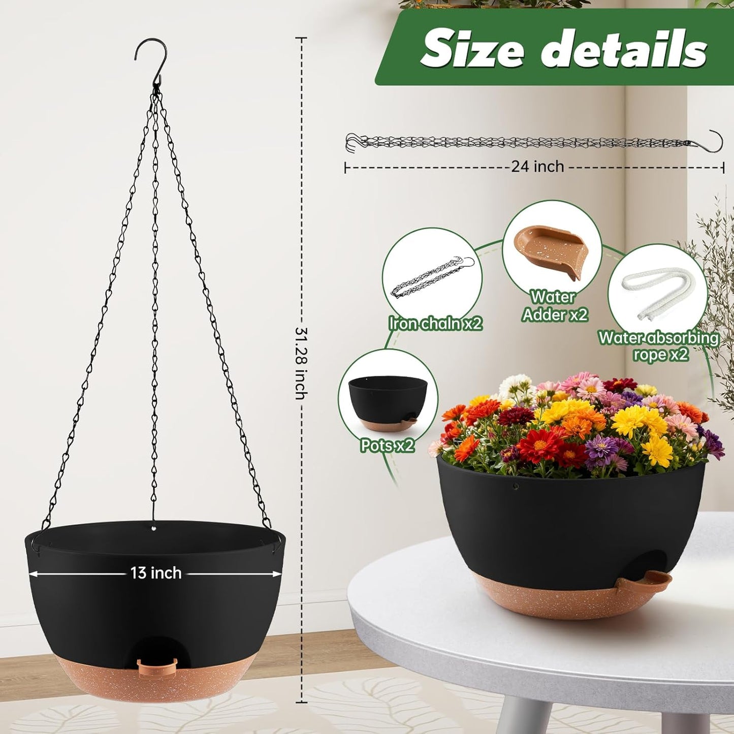 3-Piece Set of 10-Inch Hanging Planters with Automatic Watering System and Drip Tray, Includes Metal Chain, Suitable for Various Indoor and Outdoor Plants and Flowers, Green Brown
