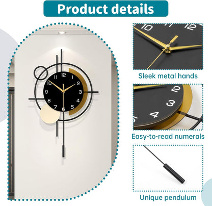 Wall Clock for Living Room Decor Decorative Wall Clock with Pendulum Silent Quartz Battery Operated Black Metal Large Clock for Dining Room,Kitchen,Home,Bathroom,Bedroom,13.8x21.3 in