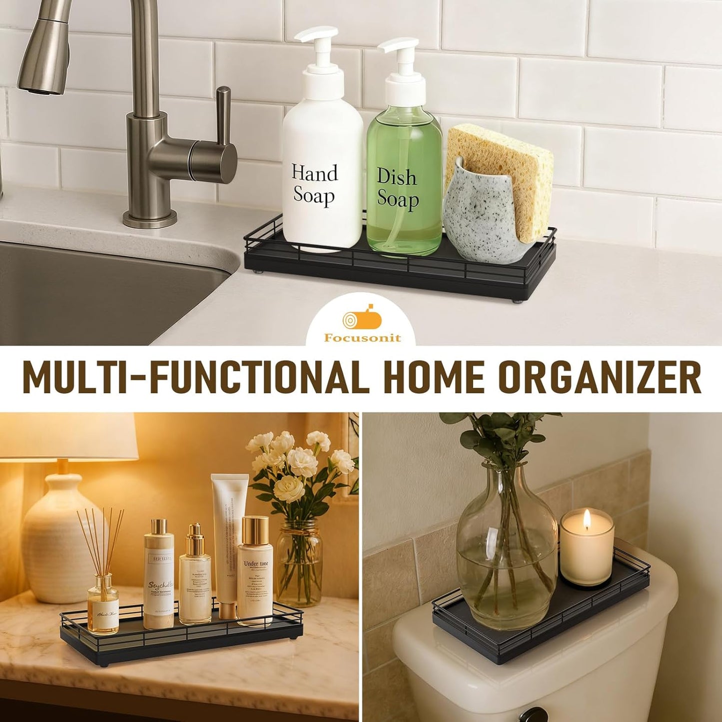 Bathroom Vanity Tray for Countertop, 12" x 6" Acacia Wood Toilet Tank Tray with Metal Guardrail, Bathroom Organizer for Soap, Perfume & Skincare, Non-Slip Decorative Tray for Dresser, Black & Acacia