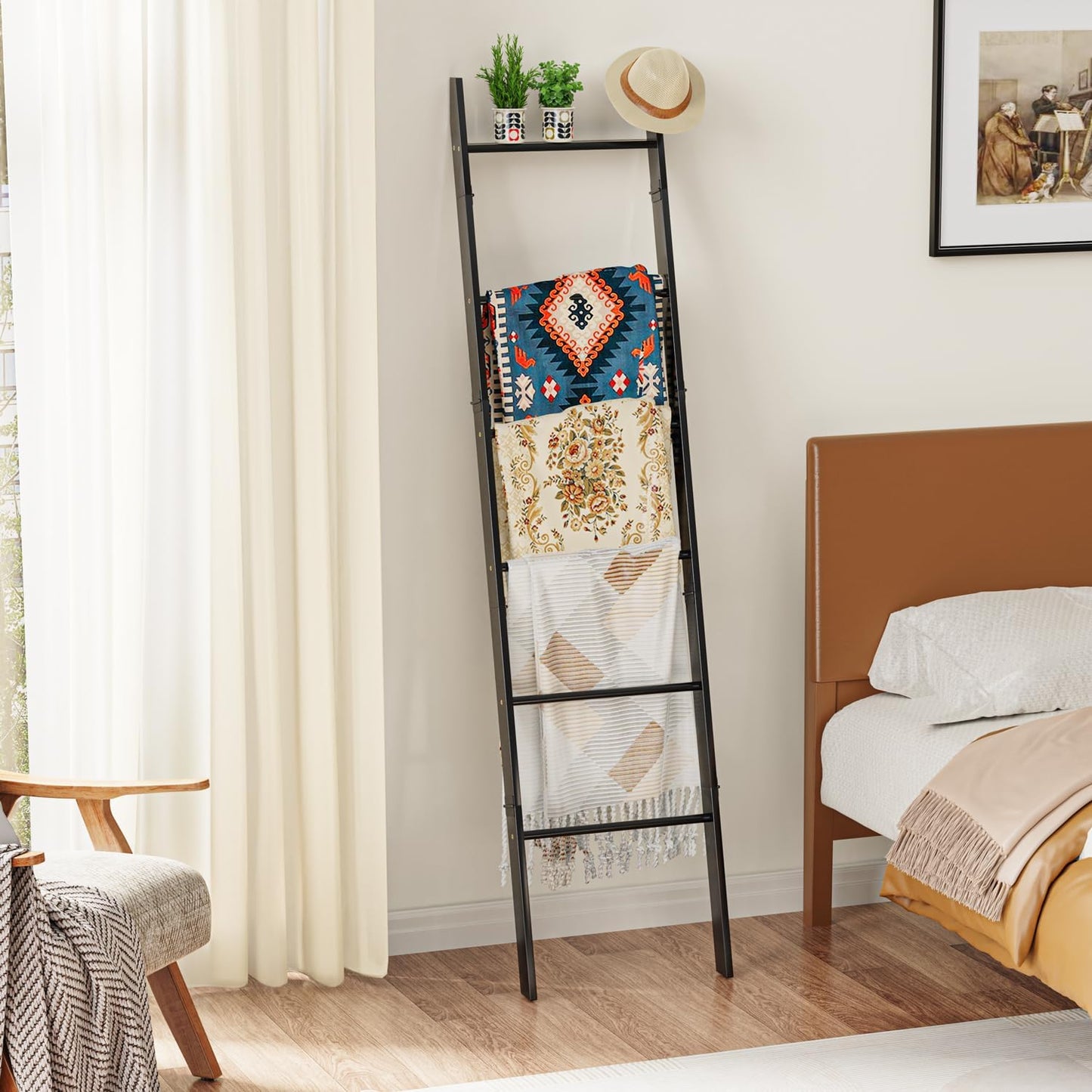 BAMBANG 6-Tier Blanket Ladder for Living Room, Blanket Quilt Ladder Rack Rustic Decorative Towel Holder, Wall Leaning Blanket Ladder Shelf Storage Farmhouse Decor for Bedroom Bathroom, Black