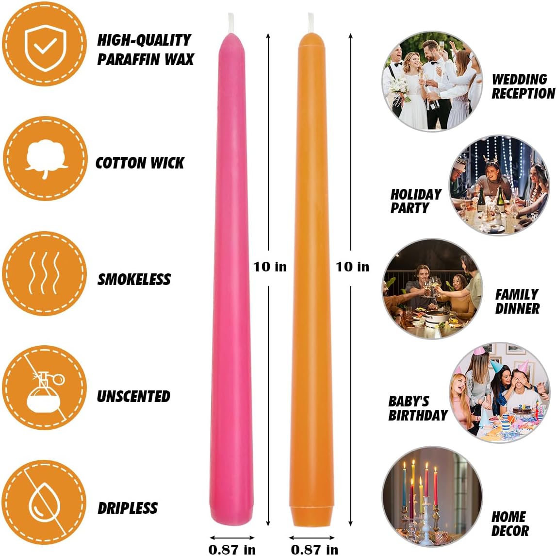 12-Pack Earth Tone Taper Candles, 10 Inch Unscented Dripless Candlesticks, Long-Lasting Burn Time of 7-8 Hours, Perfect for Fall Harvest Halloween Thanksgiving Dinners Parties and Home Décor
