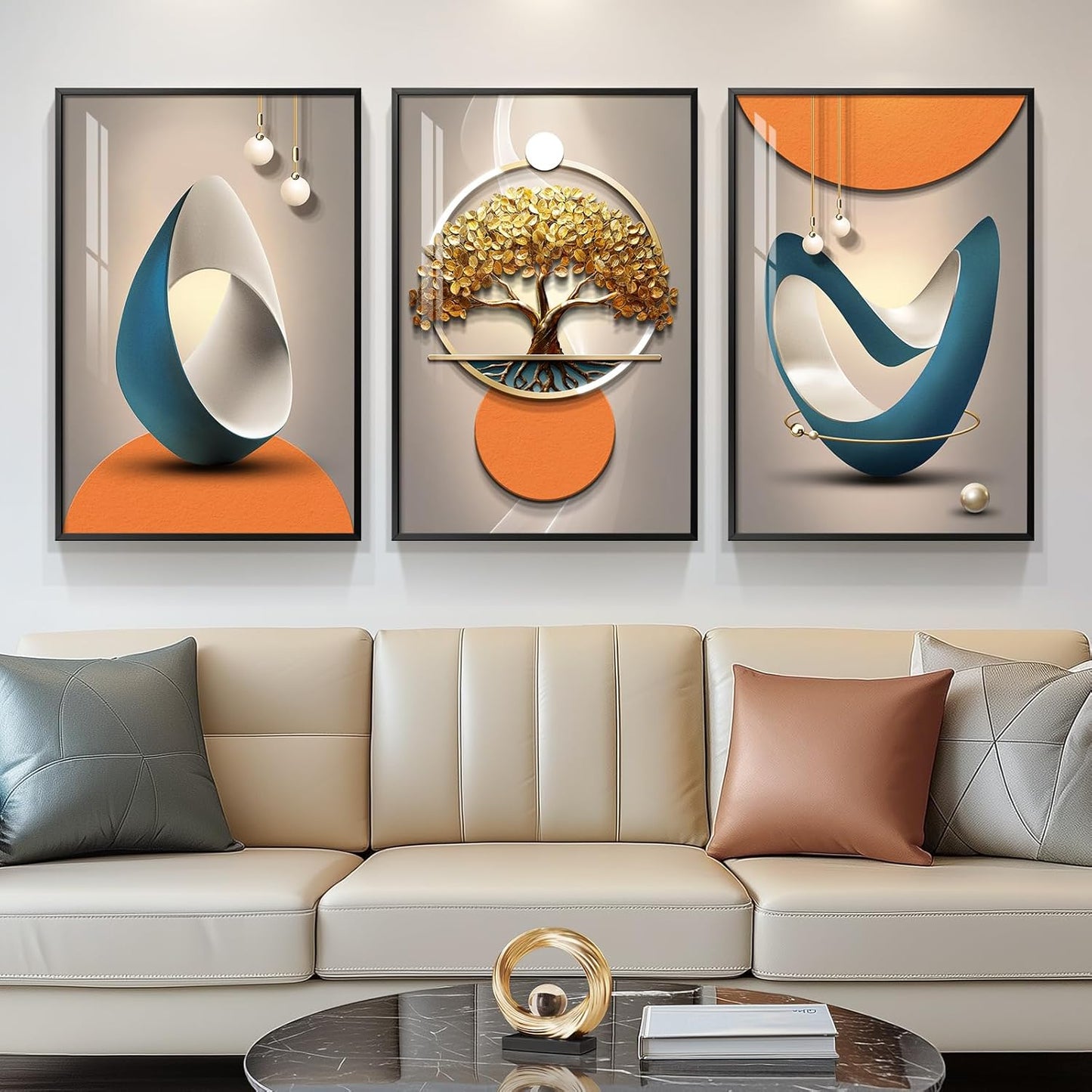 Framed Modern Luxury Gold Wall Art, Set of 3 Piece Contemporary Paintings Artwork for Walls, Golden Prints Pictures with Gold Frame, Wall Decor for Living Room, Hallway, Bedroom, Office 16x24 Inch
