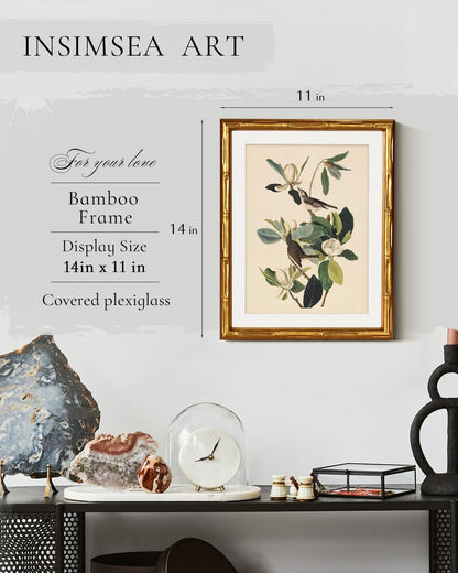 InSimSea Gold Bamboo Framed Canvas Wall Art, Retro Blue Hydrangea Botanical Prints, Antique Flowers Picture Frame with Mat, Victorian Home Wall Decor for Kitchen Living Room Bedroom, 11x14inch