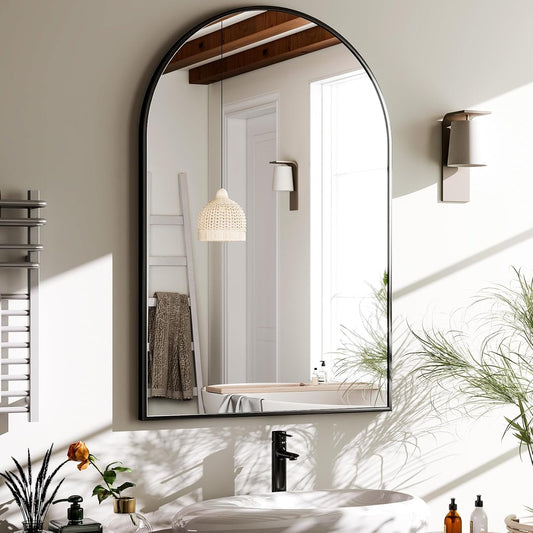 HARRITPURE Arched Wall Mirror 24"x36" – Black Metal Frame Vanity Mirrors for Bedroom, Entryway, Living Room Decor