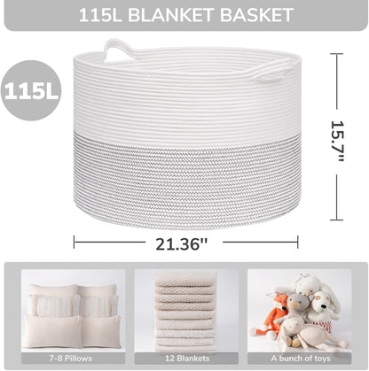 INDRESSME XXXLarge Blanket Basket for Living Room 21.7" x 21.7" x 13.8"-Storage Basket with Handle for Organizing Toy Pillows Woven Cotton Rope Laundry Basket Stuffed Animal Toy Storage for Play Room