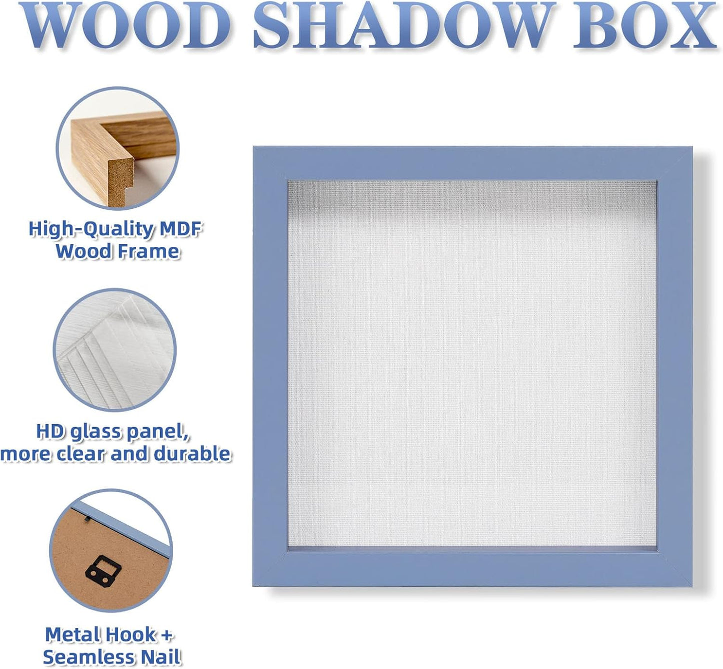 Muzilife 8x8 Shadow Box Picture Frame with Linen Board - Deep Wood & Glass Display Case Ready to Hang Memory Box Baby Sports Memorabilia, Pins, Awards, Medals, Wedding, Tickets and Photos (Black)