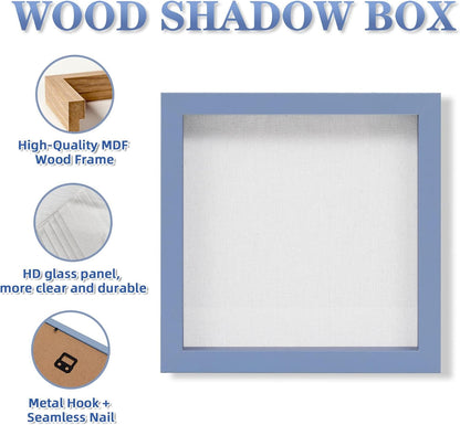 Muzilife 8x8 Shadow Box Picture Frame with Linen Board - Deep Wood & Glass Display Case Ready to Hang Memory Box Baby Sports Memorabilia, Pins, Awards, Medals, Wedding, Tickets and Photos (Black)