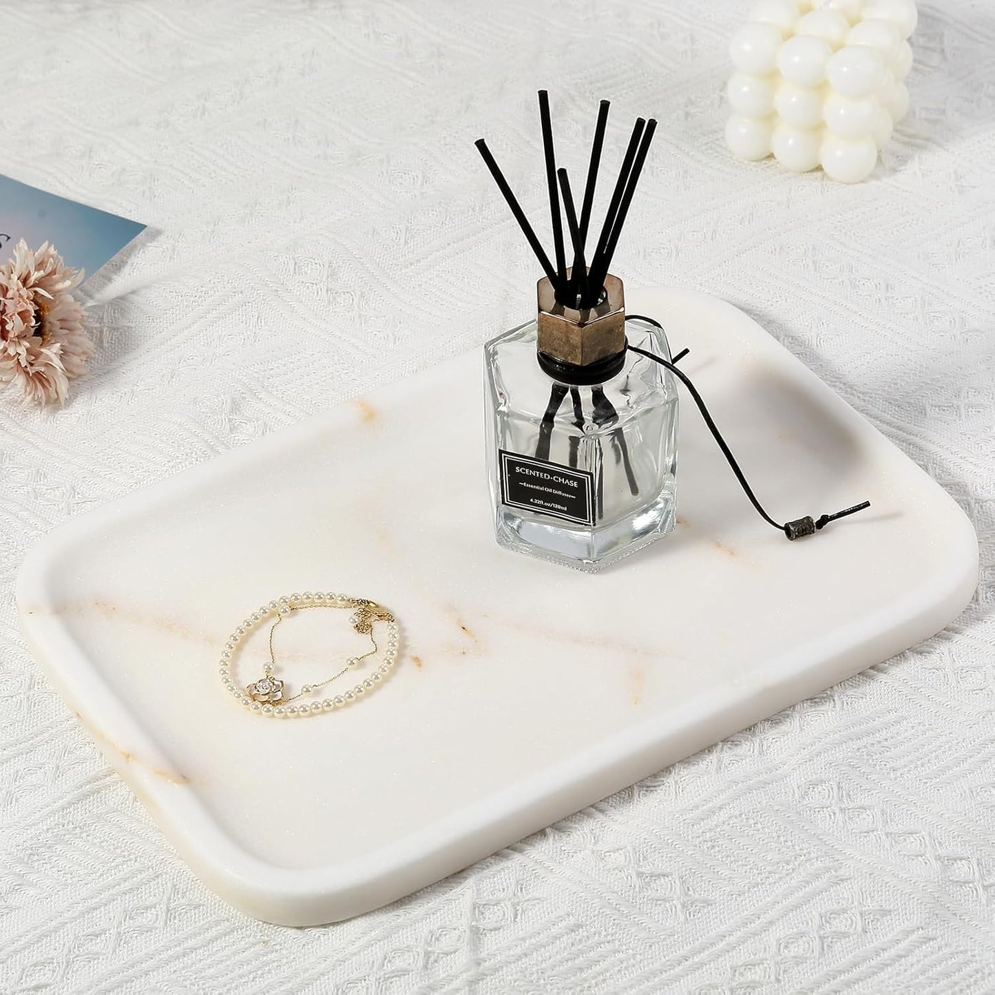 Koville Romano Travertine Tray, 12"x8" Natural Stone Vanity Tray for Countertop Bathroom Kitchen Dresser, Decorative Marble Catchall Trays for Perfume Jewelry, Rectangular Serving Tray(Beige)