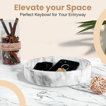 FNTSTICGOODS Travertine Decorative Bowl - 7.8” Diameter & 2” Height - Key Bowl for Entryway Table - Organic Modern Centerpiece - White/Gray