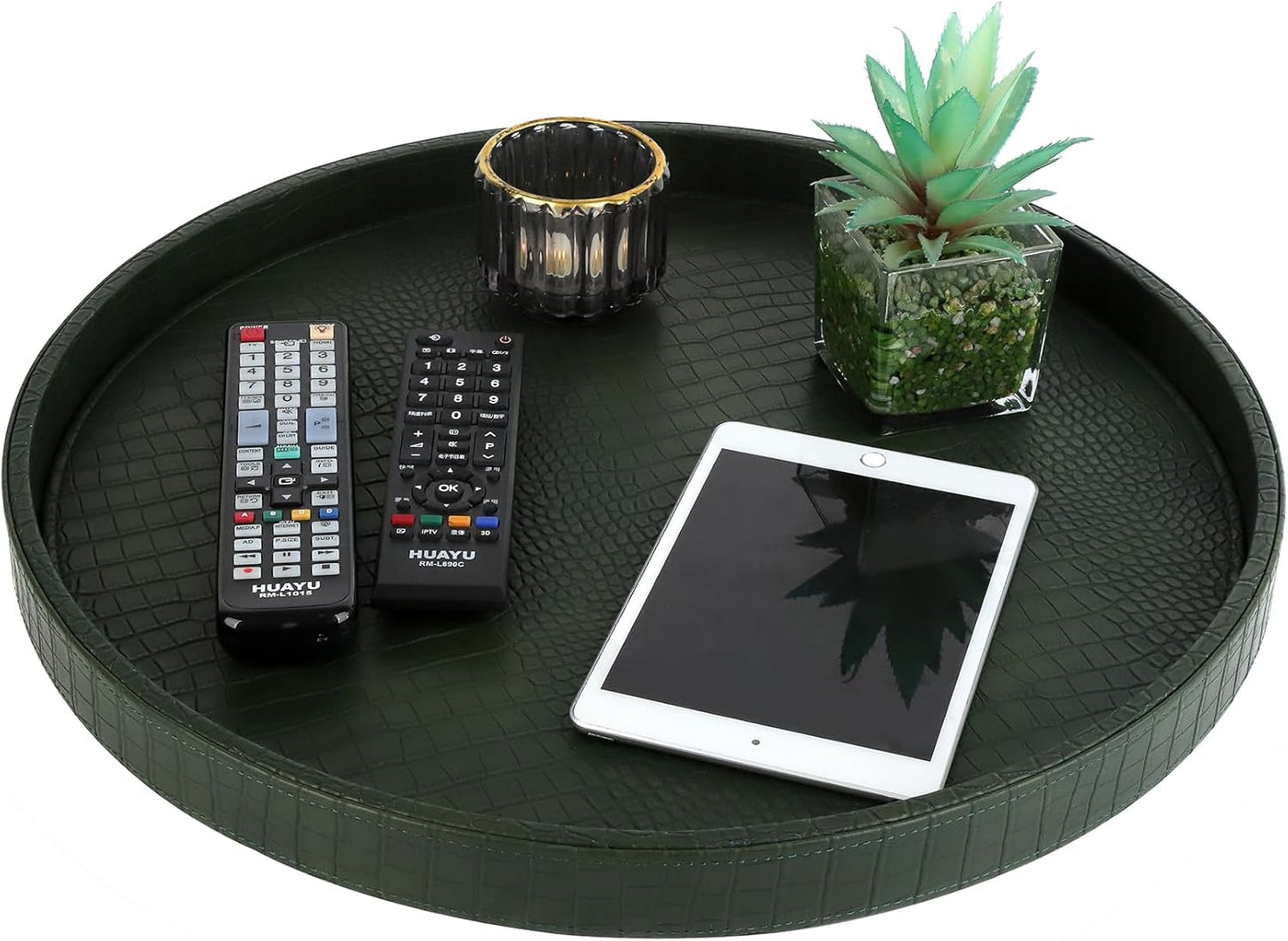HofferRuffer Round Serving Tray 20'', Elegant Faux Leather Circle Ottoman Table Tray, Serve Tea Coffee Breakfast in Bedroom Living Room Kitchen (Brown)