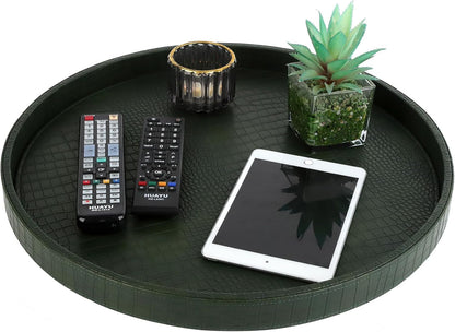 HofferRuffer Round Serving Tray 20'', Elegant Faux Leather Circle Ottoman Table Tray, Serve Tea Coffee Breakfast in Bedroom Living Room Kitchen (Brown)