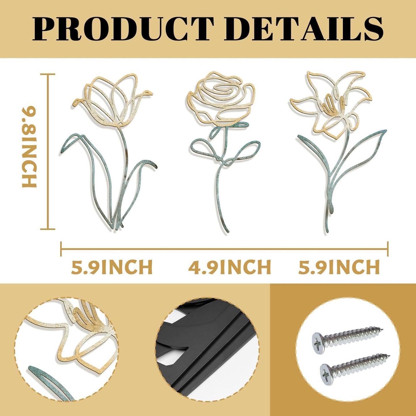 Oubasa Metal Flowers Wall Art Set of 3, Farmhouse Floral Home Decoration, Modern Line Art Flower Wall Decor for Living Room Bedroom Bathroom, Minimalist Botanical Wall Sculpture – Lily, Tulip, Rose