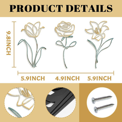 Oubasa Metal Flowers Wall Art Set of 3, Farmhouse Floral Home Decoration, Modern Line Art Flower Wall Decor for Living Room Bedroom Bathroom, Minimalist Botanical Wall Sculpture – Lily, Tulip, Rose