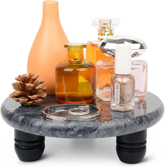 Decorative Round Marble Riser for Display,Marble Pedestal Tray for Home,Kitchen and Bathroom Countertop Organizer Counter Decor Tray.The Decorative Tray Non-slip,Stable（Black Gray）
