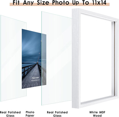 MUYE 11x14 Floating Frame Set of 2,Double Glass Rustic Frame,Display Any Size Photo up to 11x14,Wall Mount or Tabletop Standing,Natural