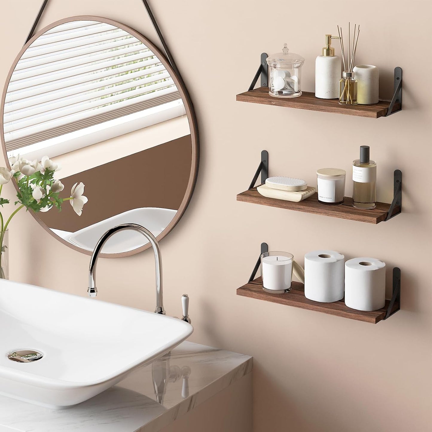 YGEOMER Brown Floating Shelves for Wall, 16.5 Inch Farmhouse Wall Shelves for Bedroom, Bathroom Storage, Living Room and Kitchen Decor (Set of 6 Brown)