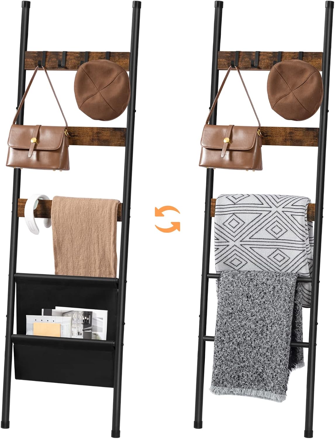 HOOBRO Blanket Ladder, 5 Tier Towel Rack, 17.3" L x 63" H, Wall-Leaning Blanket Rack for Living Room, Decorative Ladder with 4 Hooks and Magazine Pocket, Rustic Brown BF32CJ01