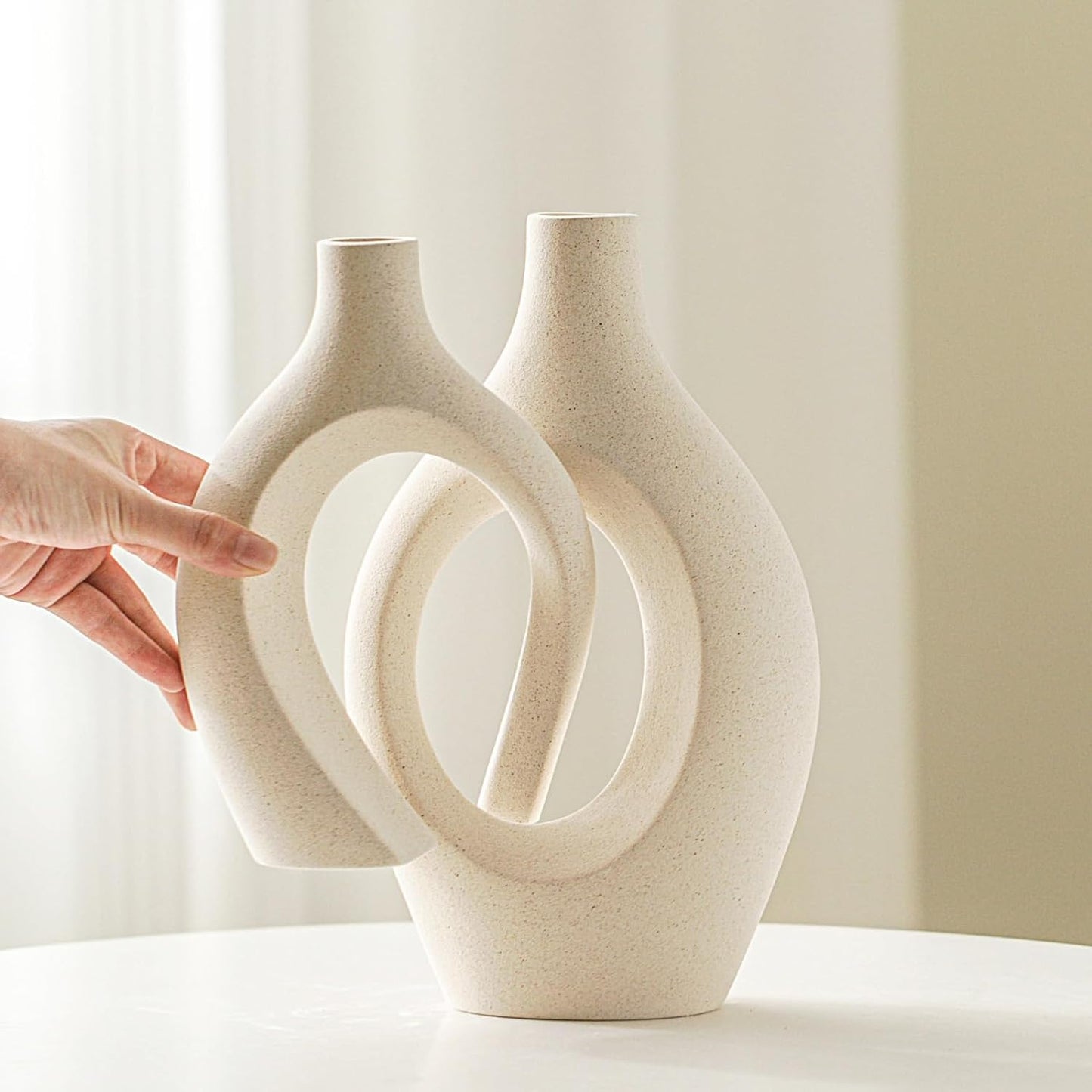 Lvases Snuggle Hollow Ceramic Vase Set of 2, Nordic Modern Boho ins Style Decorative Ceramic Aesthetic Flower Vase for Home Decor (Milky White W 6.3" X H 8.4")