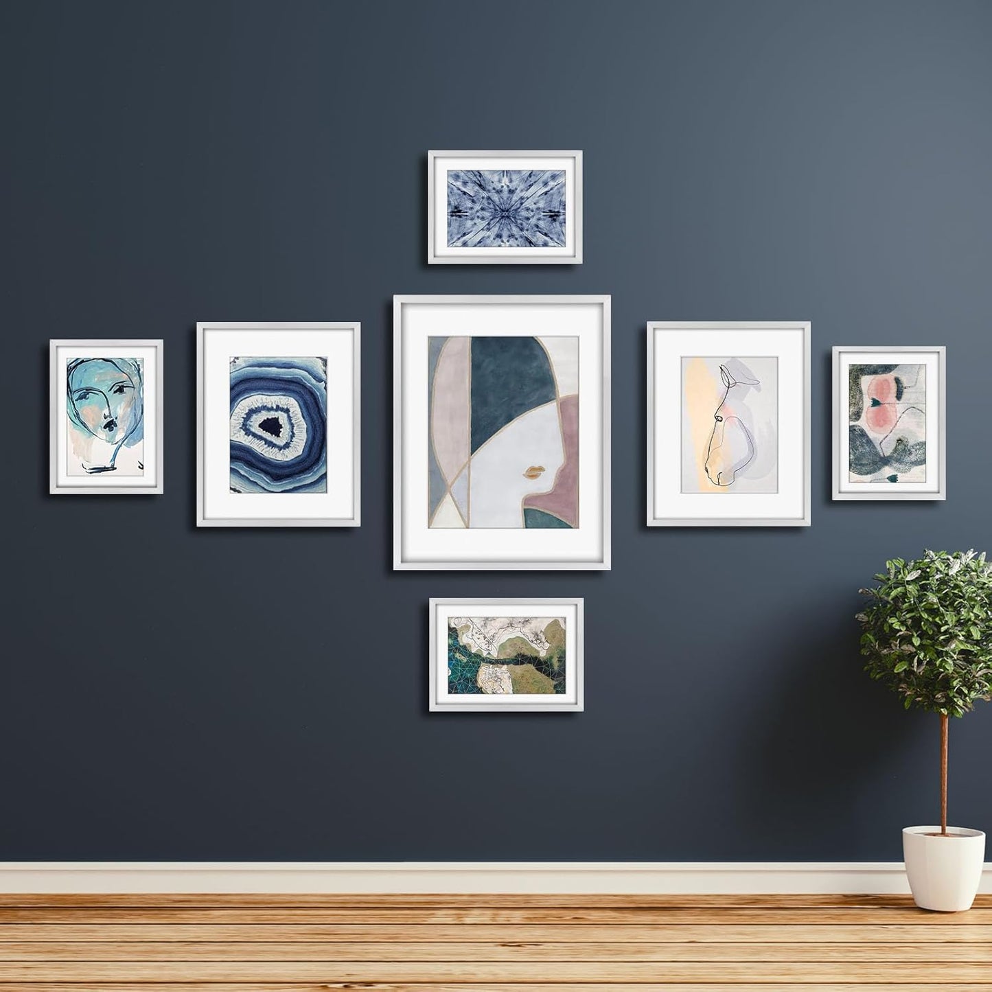 Frametory, Black Aluminum Picture Frame with Removable Mat - Set of 7 Includes Four 5x7, Two 8x10, One 11x14 - Real Glass Front - Simple Gallery Wall Frames for Art Prints and Posters